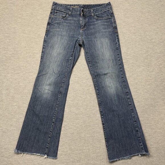 Eddie Bauer Womens Blue Denim Jeans Raw Cuffs Mid Rise Bootcut Classic Size 8R - Picture 1 of 13